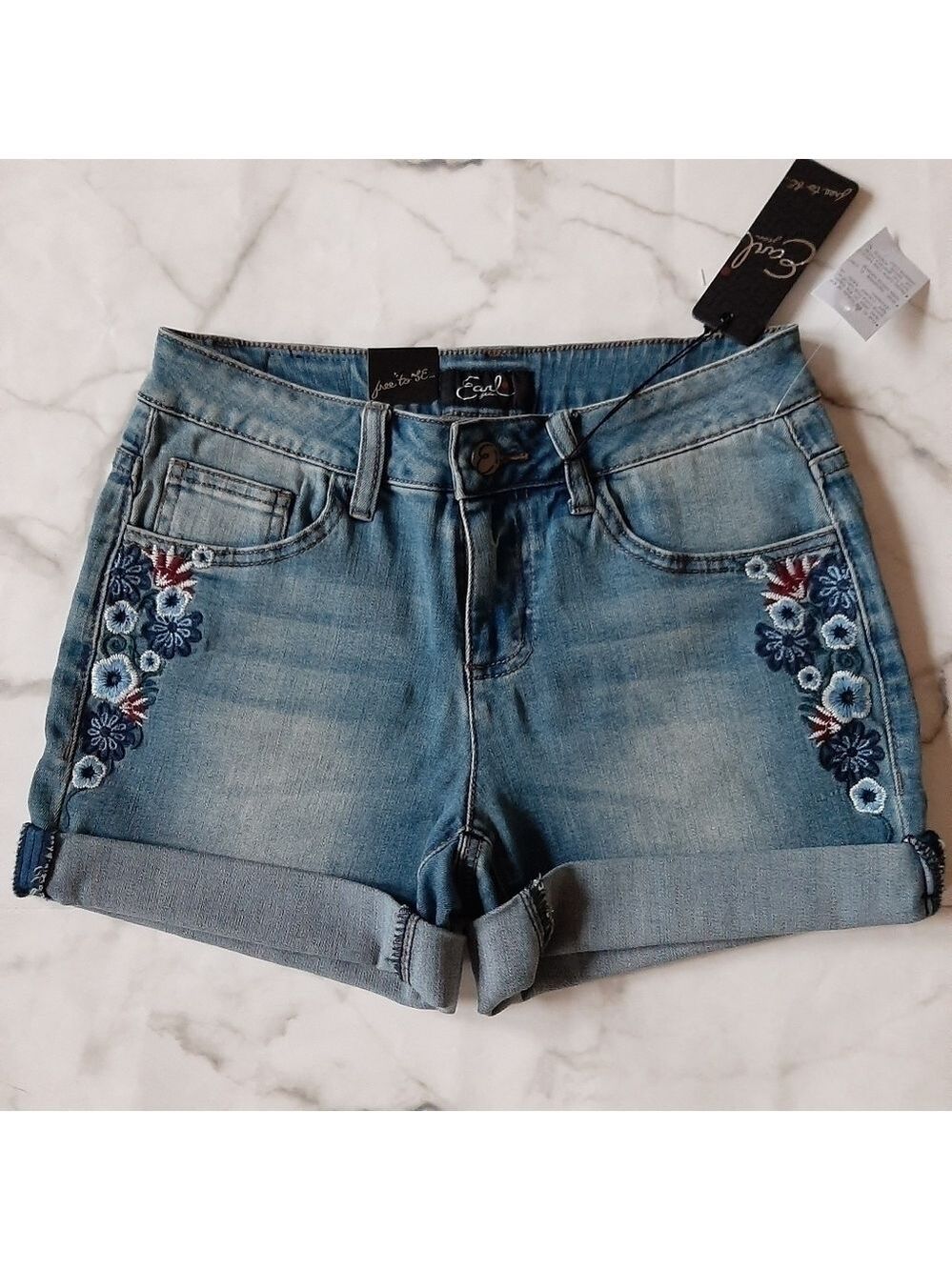 Earl Jeans floral embroidered cuffed High Waist Jean Shorts